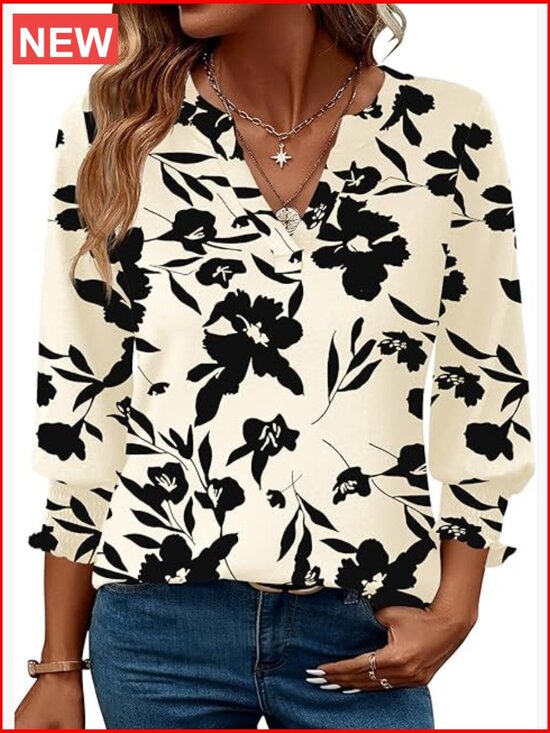Tops - 3/4 Sleeve V-Neck Blouse with Ruffle Cuffs - Business Casual